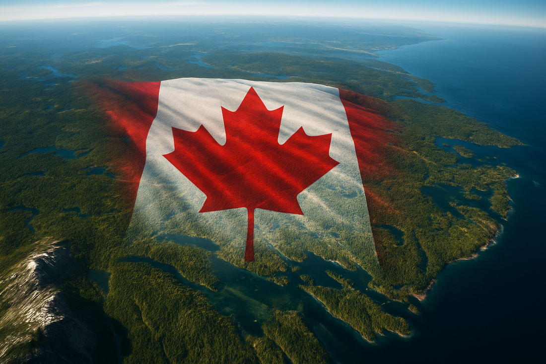 graphic aerial view of Canada with flag superimposed over it for ESG Reporting
